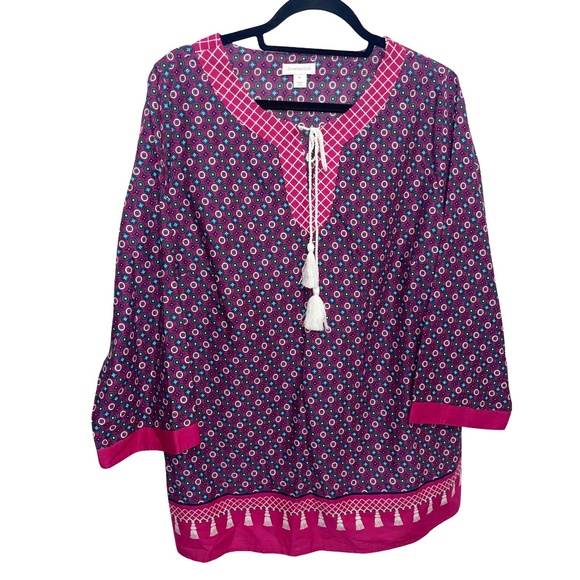 CHARTER CLUB Women's Boho 100% Cotton Tassel Tunic Pink/Berry Cool Top Size XL - Picture 2 of 16